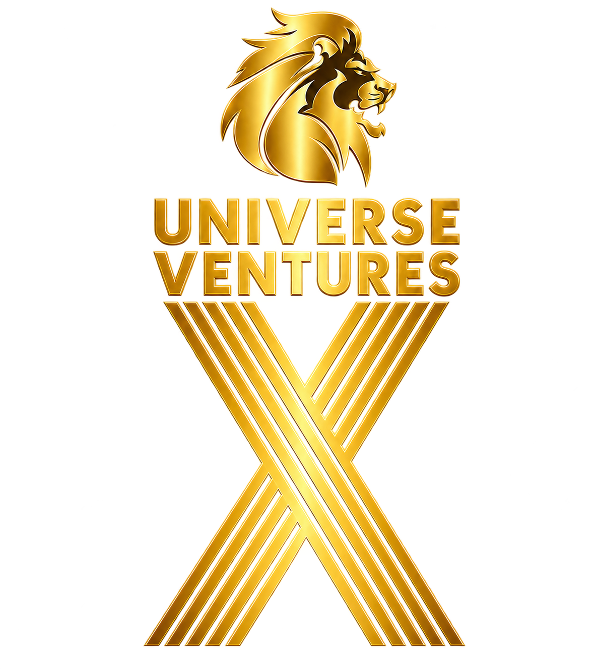 Universe Ventures X gold lion, wordmark, and striped X logo